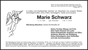 Traueranzeige von Marie Schwarz von Gesamtausgabe Nürnberger Nachrichten/ Nürnberger Ztg.