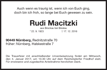 Traueranzeige von Rudi Macitzki von Gesamtausgabe Nürnberger Nachrichten/ Nürnberger Ztg.