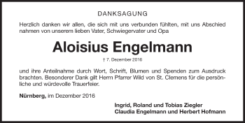 Traueranzeige von Aloisius Engelmann von Gesamtausgabe Nürnberger Nachrichten/ Nürnberger Ztg.