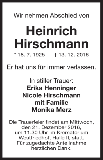 Traueranzeige von Heinrich Hirschmann von Gesamtausgabe Nürnberger Nachrichten/ Nürnberger Ztg.