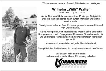 Traueranzeige von Wilhelm Willi Walter von Nordbayerische Nachrichten Pegnitz Lokal