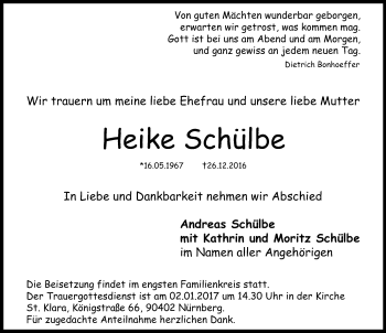Traueranzeige von Heike Schülbe von Gesamtausgabe Nürnberger Nachrichten/ Nürnberger Ztg.