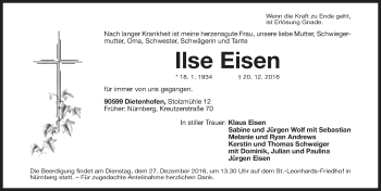 Traueranzeige von Ilse Eisen von Gesamtausgabe Nürnberger Nachrichten/ Nürnberger Ztg.