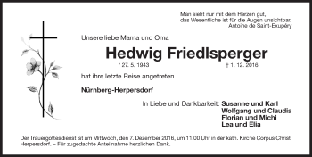 Traueranzeige von Hedwig Friedlsperger von Gesamtausgabe Nürnberger Nachrichten/ Nürnberger Ztg.