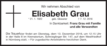 Traueranzeige von Elisabeth Grau von Gesamtausgabe Nürnberger Nachrichten/ Nürnberger Ztg.