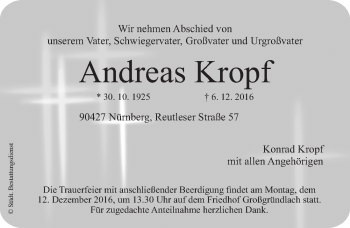 Traueranzeige von Andreas Kropf von Gesamtausgabe Nürnberger Nachrichten/ Nürnberger Ztg.