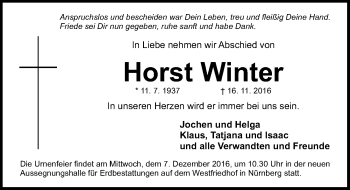 Traueranzeige von Horst Winter von Gesamtausgabe Nürnberger Nachrichten/ Nürnberger Ztg.