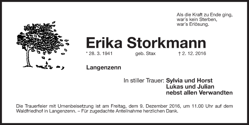  Traueranzeige für Erika Storkmann vom 07.12.2016 aus Fürther Nachrichten Lokal