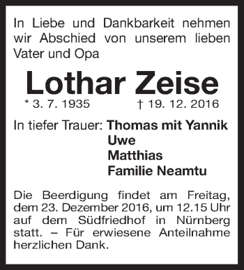 Traueranzeige von Lothar Zeise von Gesamtausgabe Nürnberger Nachrichten/ Nürnberger Ztg.
