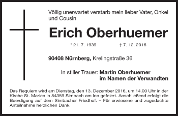 Traueranzeige von Erich Oberhuemer von Gesamtausgabe Nürnberger Nachrichten/ Nürnberger Ztg.