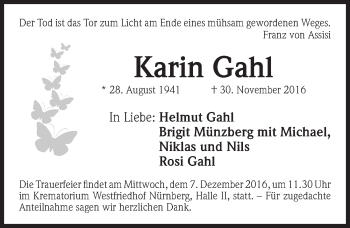 Traueranzeige von Karin Gahl von Gesamtausgabe Nürnberger Nachrichten/ Nürnberger Ztg.