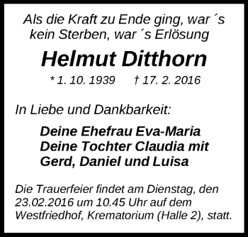 Traueranzeige von Helmut Ditthorn von Gesamtausgabe Nürnberger Nachrichten/ Nürnberger Ztg.