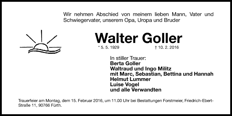  Traueranzeige für Walter Goller vom 13.02.2016 aus Gesamtausgabe Nürnberger Nachrichten/ Nürnberger Ztg.