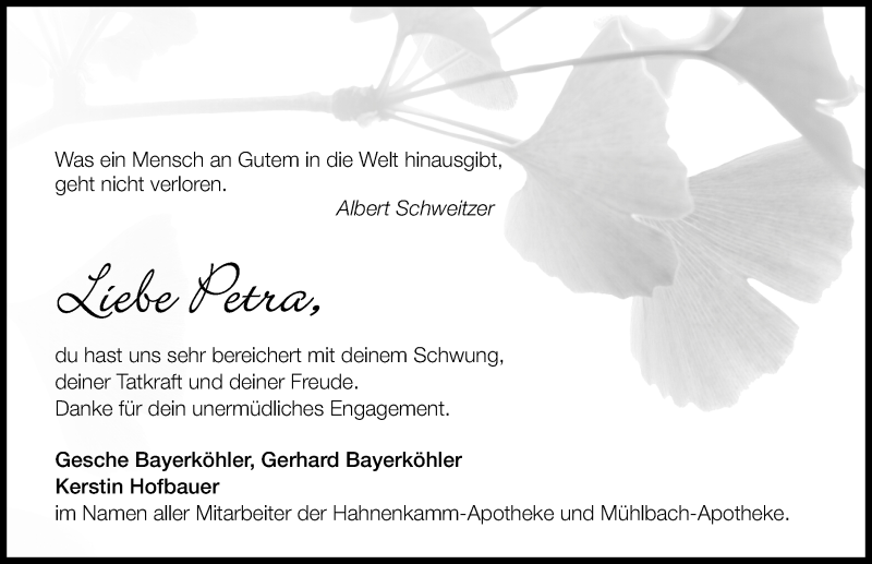  Traueranzeige für Petra Fritsch vom 16.02.2016 aus Altmühl-Bote Lokal