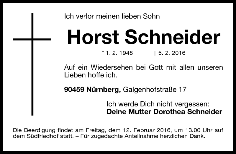  Traueranzeige für Horst Schneider vom 08.02.2016 aus Gesamtausgabe Nürnberger Nachrichten/ Nürnberger Ztg.