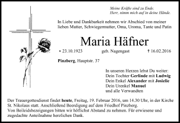Traueranzeige von Maria Häfner von Nordbayerische Nachrichten Forchheim Lokal