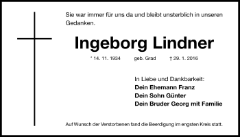 Traueranzeige von Ingeborg Lindner von Gesamtausgabe Nürnberger Nachrichten/ Nürnberger Ztg.
