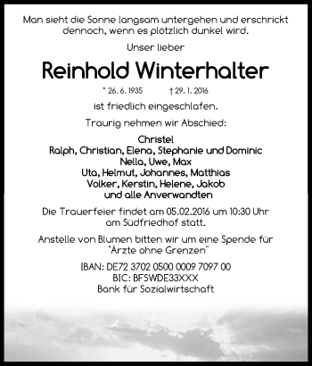Traueranzeige von Reinhold Winterhalter von Gesamtausgabe Nürnberger Nachrichten/ Nürnberger Ztg.