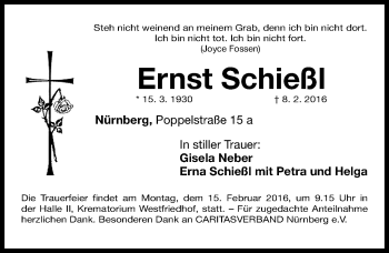 Traueranzeige von Ernst Schießl von Gesamtausgabe Nürnberger Nachrichten/ Nürnberger Ztg.