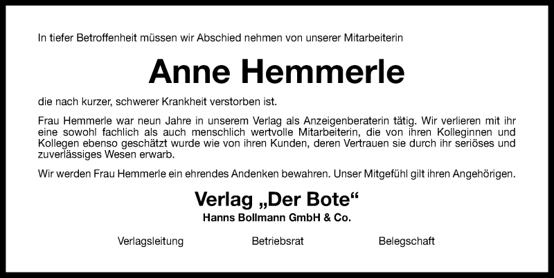  Traueranzeige für Anne Hemmerle vom 20.02.2016 aus Gesamtausgabe Nürnberger Nachrichten/ Nürnberger Ztg.