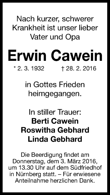Traueranzeige von Erwin Cawein von Gesamtausgabe Nürnberger Nachrichten/ Nürnberger Ztg.