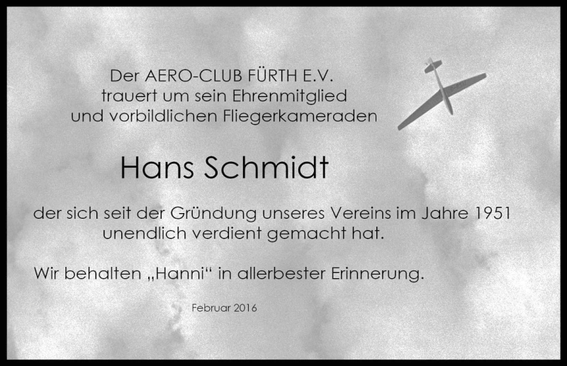 Traueranzeige für Hans Schmidt vom 16.02.2016 aus Fürther Nachrichten Lokal