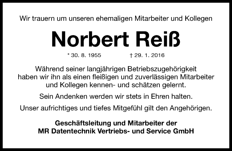  Traueranzeige für Norbert Reiß vom 06.02.2016 aus Gesamtausgabe Nürnberger Nachrichten/ Nürnberger Ztg.