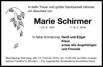 Traueranzeige von Marie Schirmer von Fürther Nachrichten Lokal