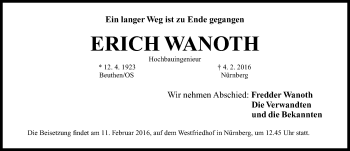 Traueranzeige von Erich Wanoth von Gesamtausgabe Nürnberger Nachrichten/ Nürnberger Ztg.