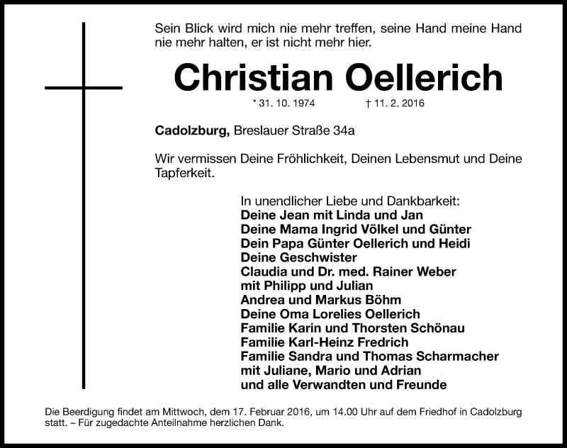  Traueranzeige für Christian Oellerich vom 15.02.2016 aus Gesamtausgabe Nürnberger Nachrichten/ Nürnberger Ztg./ Fürther Nachrichten