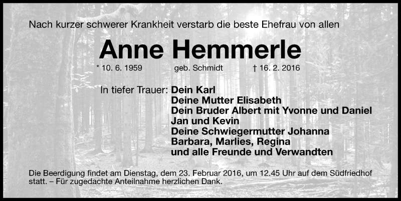  Traueranzeige für Anne Hemmerle vom 20.02.2016 aus Gesamtausgabe Nürnberger Nachrichten/ Nürnberger Ztg.