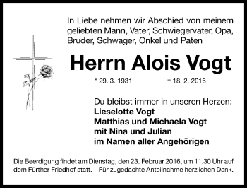 Traueranzeige von Alois Vogt von Fürther Nachrichten Lokal