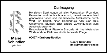 Traueranzeige von Marie Schindler von Gesamtausgabe Nürnberger Nachrichten/ Nürnberger Ztg.