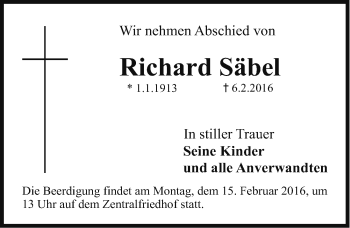 Traueranzeige von Richard Säbel von Erlanger Nachrichten Lokal