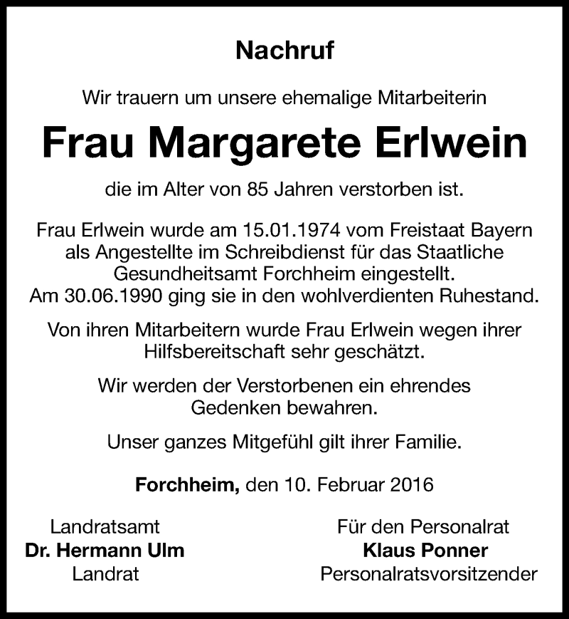  Traueranzeige für Margarete Erlwein vom 10.02.2016 aus Nordbayerische Nachrichten Forchheim Lokal