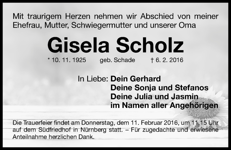  Traueranzeige für Gisela Scholz vom 08.02.2016 aus Gesamtausgabe Nürnberger Nachrichten/ Nürnberger Ztg.