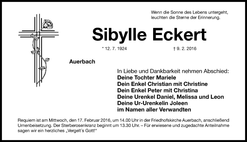  Traueranzeige für Sibylle Eckert vom 13.02.2016 aus Nordbayerische Nachrichten Pegnitz Lokal