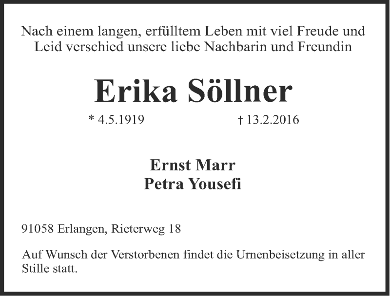 Traueranzeige für Erika Söllner vom 20.02.2016 aus Erlanger Nachrichten Lokal