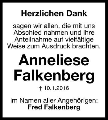 Traueranzeige von Anneliese Falkenberg von Gesamtausgabe Nürnberger Nachrichten/ Nürnberger Ztg.