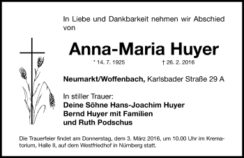 Traueranzeige von Anna-Maria Huyer von Neumarkter Nachrichten Lokal
