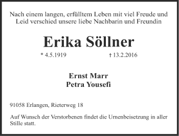 Traueranzeige von Erika Söllner von Erlanger Nachrichten Lokal