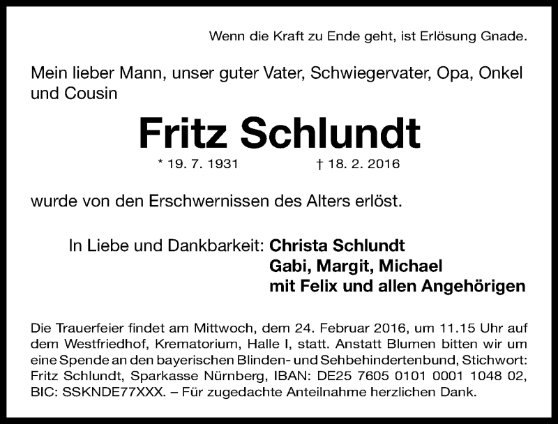  Traueranzeige für Fritz Schlundt vom 20.02.2016 aus Gesamtausgabe Nürnberger Nachrichten/ Nürnberger Ztg.