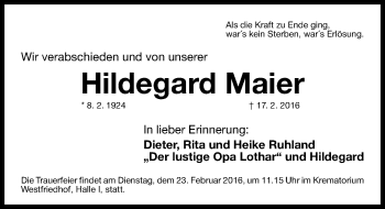 Traueranzeige von Hildegard Maier von Gesamtausgabe Nürnberger Nachrichten/ Nürnberger Ztg.