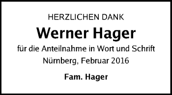 Traueranzeige von Werner Hager von Gesamtausgabe Nürnberger Nachrichten/ Nürnberger Ztg.