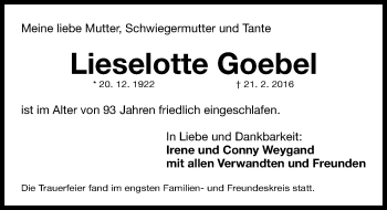 Traueranzeige von Lieselotte Goebel von Gesamtausgabe Nürnberger Nachrichten/ Nürnberger Ztg.