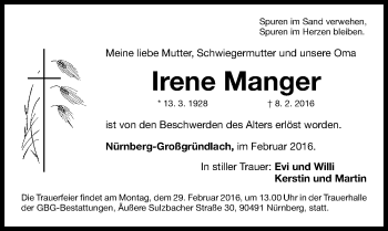Traueranzeige von Irene Manger von Gesamtausgabe Nürnberger Nachrichten/ Nürnberger Ztg.