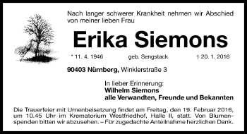Traueranzeige von Erika Siemons von Gesamtausgabe Nürnberger Nachrichten/ Nürnberger Ztg.
