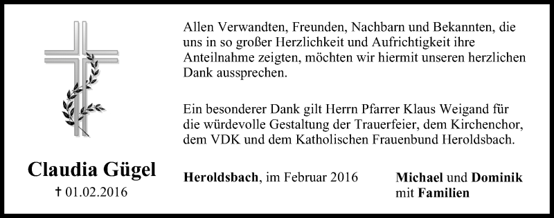  Traueranzeige für Claudia Gügel vom 20.02.2016 aus Nordbayerische Nachrichten Forchheim Lokal