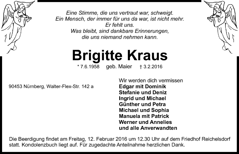  Traueranzeige für Brigitte Kraus vom 08.02.2016 aus Gesamtausgabe Nürnberger Nachrichten/ Nürnberger Ztg.