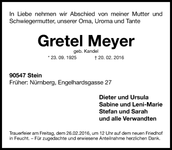 Traueranzeige von Gretel Meyer von Gesamtausgabe Nürnberger Nachrichten/ Nürnberger Ztg.